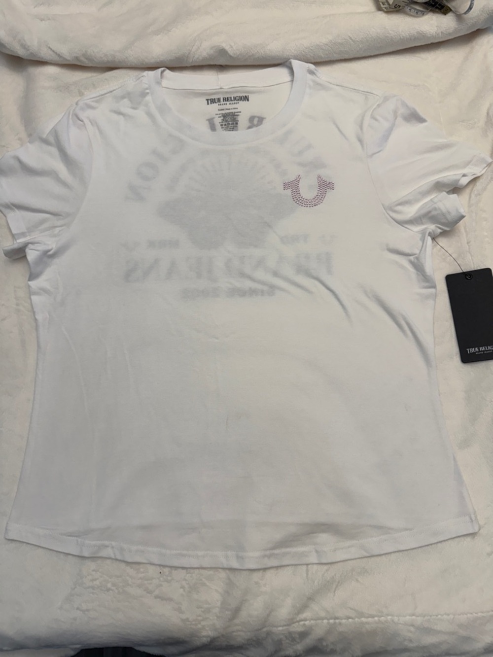 True Religion White Short Sleeve Crewneck Tee with Purple Logo